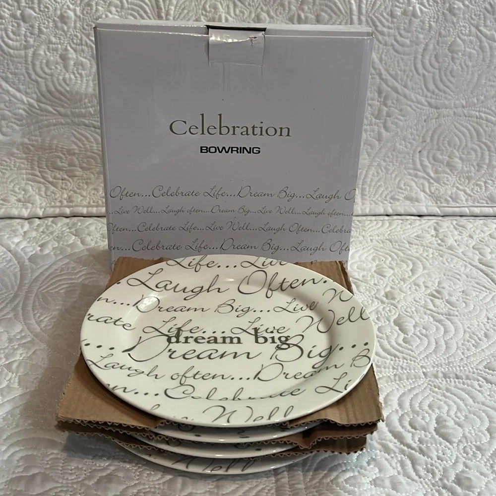 Celebration Bowring round dessert plates, set of 4, NWOT